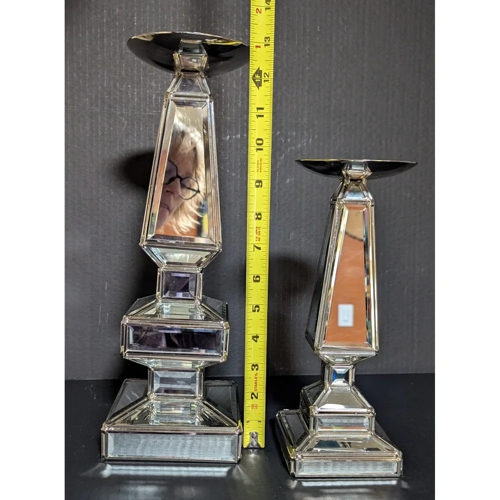 Pier One Silver Mirrored Geometrically Stacked Candlesticks Felt Bottom Set of 2